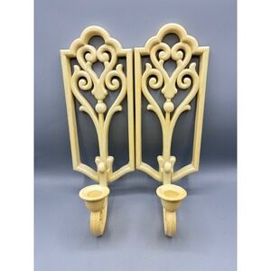 Vtg Homco Pair Ornate Scroll Wall Sconces‎ Cream Beige Candle Holder MCM